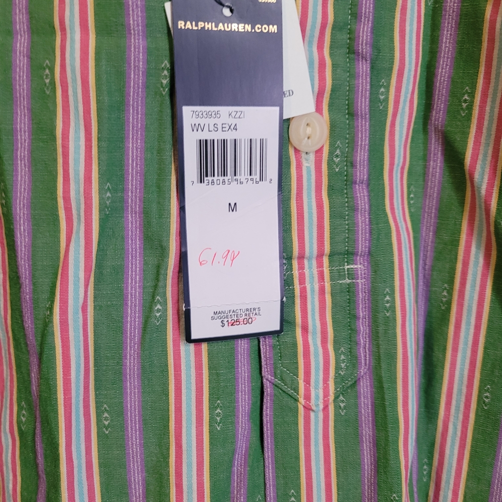 Polo by Ralph Lauren Green Striped Men's Button-Down Shirt - Picture 3 of 4